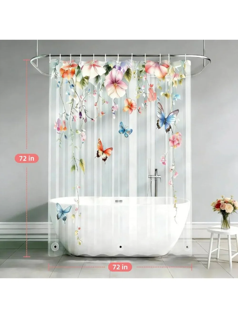 Colorful Floral Butterfly Shower Curtain Liner - 72x72 Waterproof Bathroom Decor